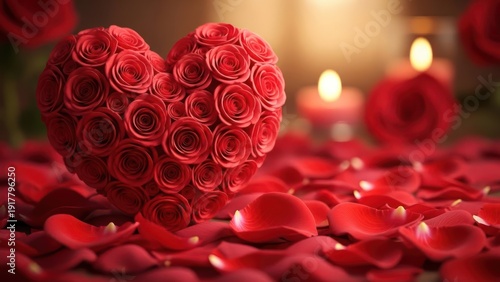 Heart Shape Made of Red Roses Surrounded by Rose Petals and Candles.