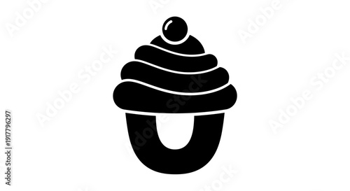 Black Cupcake Illustration with Whipped Cream Topping.