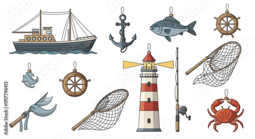 Fishing and Nautical Marine Objects Illustration Set