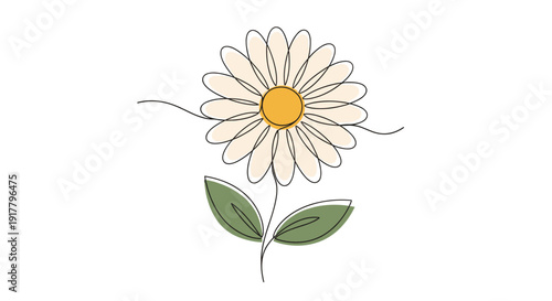 Modern single-line drawing of a daisy with leaves. Great for simple design elements, website decoration, invitations, or any nature-themed project.