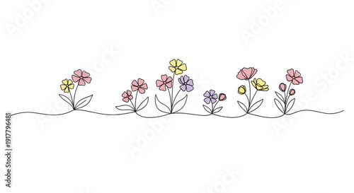 Simple line art drawing of flowers in pastel colors. Ideal for spring, feminine designs, stationary, invitations, and social media graphics with a fresh, clean aesthetic.