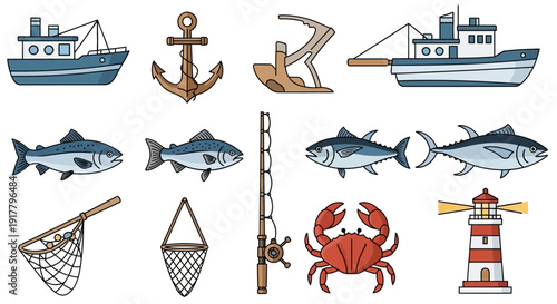 Fishing Equipment and Marine Life Collection for Nautical Themes