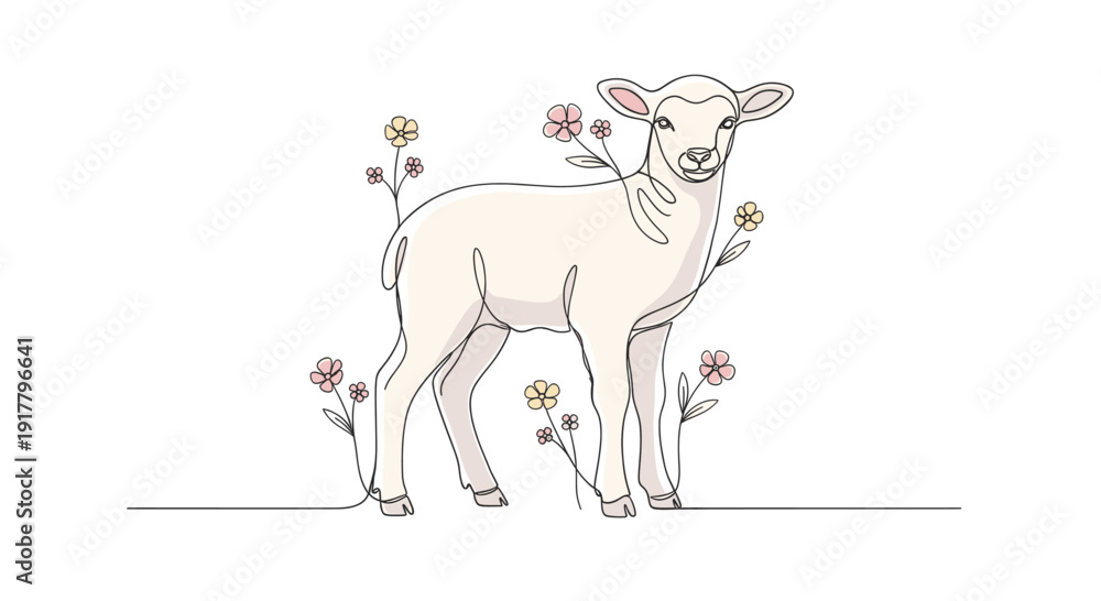 Fototapeta premium An illustration of a lamb surrounded by delicate flowers, created in a continuous line style. Perfect for spring, Easter, or nature-themed designs.
