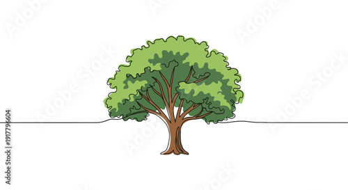 Single continuous line drawing of a stylized tree on white background. Use for logo, cards, ecology themes. Clean, simple design with green foliage and brown trunk.