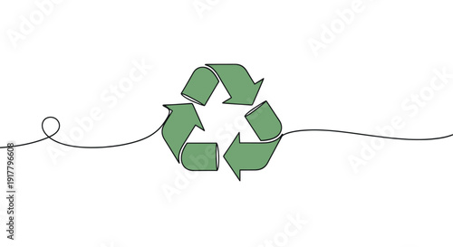Minimalist illustration of a recycling symbol drawn in a continuous line style. Conceptual image for sustainability, eco-consciousness, and environmental awareness projects.