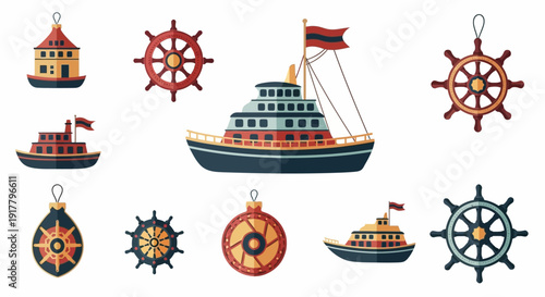 Nautical Flat Design Collection Featuring Ships Boats and Steering Wheels