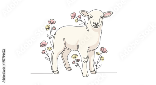 Minimalist lamb and flower illustration in delicate pastel colors. Great for Easter, spring, religious content, or children's design. Cute, simple, and elegant design.