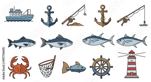 Fishing and Marine Elements Collection with Boat Anchor Fish and Lighthouse