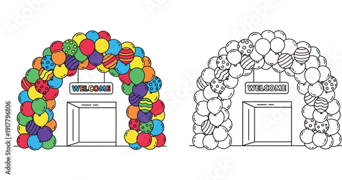 Balloon arch entrance with welcome sign vector illustration set. Colorful party decoration and black and white outline line art for coloring book page or greeting card design.