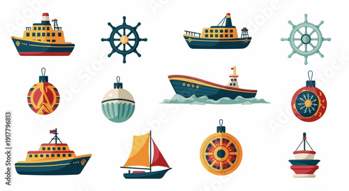 Flat Design Vector Set Featuring Diverse Nautical Vessels and Festive Ornaments