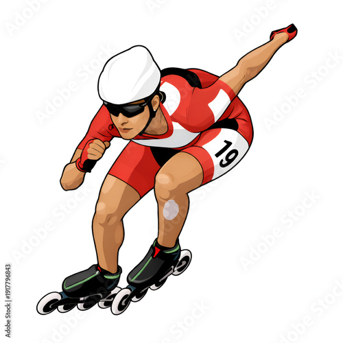 Professional inline speed skater in red racing suit competing on track