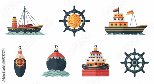Ship and Nautical Elements Flat Design Illustration Set on White