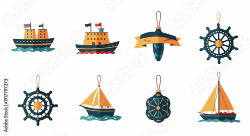 Nautical Themed Illustrations of Ships Sailboats and Steering Wheel Ornaments