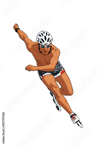 Professional inline skater man in athletic shorts performing speed skating motion