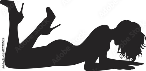 Black silhouette of woman lying on her stomach with one leg raised