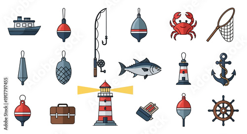 Nautical Fishing and Sea Adventure Themed Elements Flat Design Illustrations