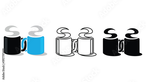 Coffee mug icon set with steam rising in various styles and colors