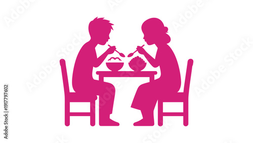 A pink silhouette illustration of a couple eating together at a table