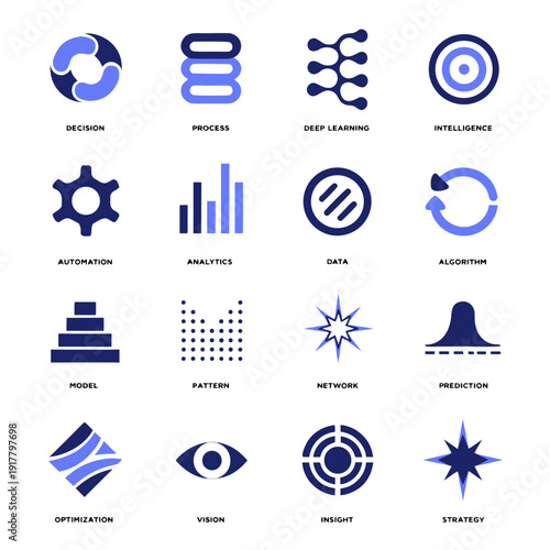 A collection of 16 various blue business and technology icons