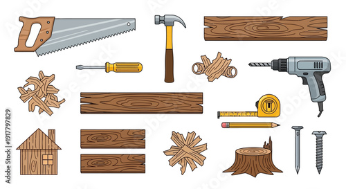 Woodworking Tools and Building Materials in Cartoon Style Illustration Set
