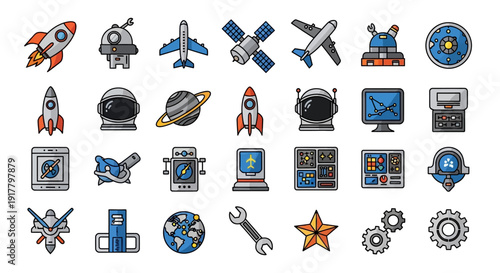 Space Technology and Science Exploration Vector Icon Set
