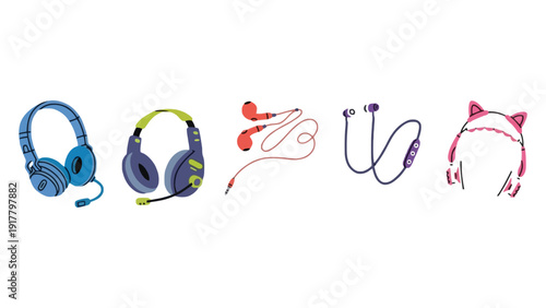 Headphone vector illustration set with colorful earbuds and headphones