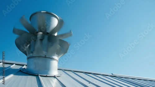 A spinning metal turbine vent is seen on a corrugated roof during a bright clear day, ideal for a roof inspection.