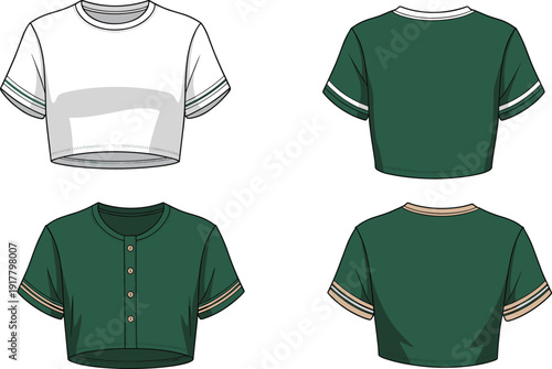 Four variations of green and white short sleeve shirts with stripes