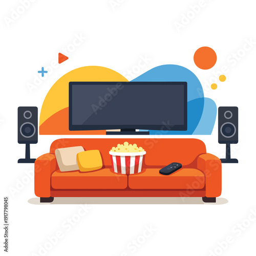 Cozy home theater setup with popcorn and TV