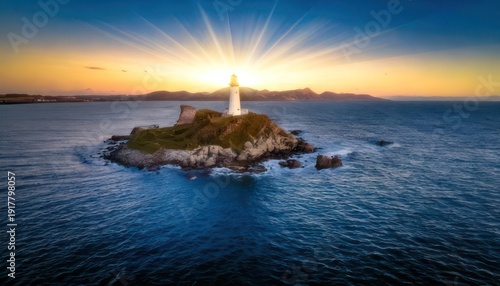 Wallpaper Mural Island lighthouse at sunset with radiant light beams piercing the sky. Torontodigital.ca