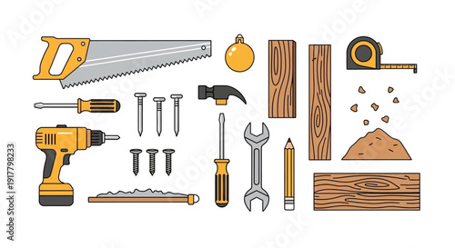 Tools for Carpentry and Construction Projects Flat Lay Illustration