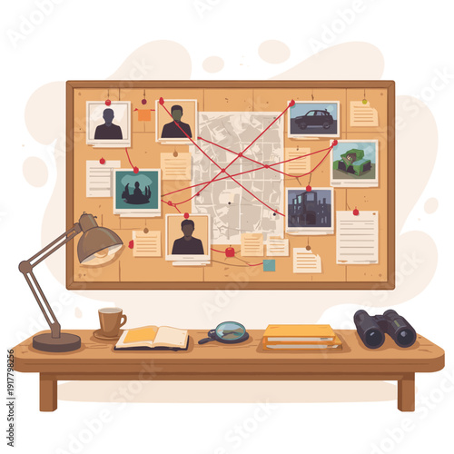 Mystery investigation board with clues and photos