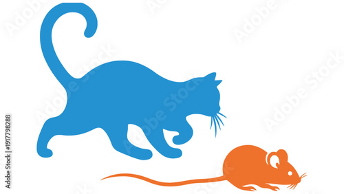 A blue cat silhouette chasing an orange mouse illustration