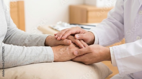 hands holding, doctor, elderly patient, empathy, support, healthcare, medical care providing compassion and comfort for senior citizen during medical consultation in a clinic room.