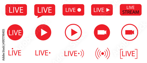Live stream and broadcasting red icons set for video content and social media platforms