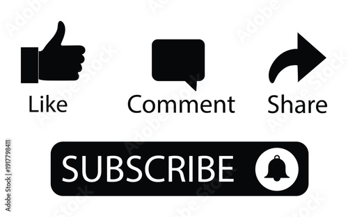 Social media engagement buttons with like comment share and subscribe with bell icon
