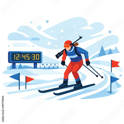 Winter sports athlete skiing with rifle and timer display