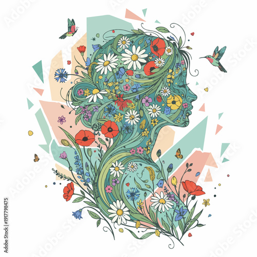 Creative art collage with beautiful meadow flowers and woman on color background