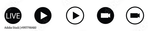 Set of live and play video icons in circles for online streaming and multimedia content