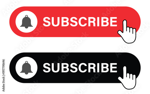 Red and black subscribe buttons with bell icon and cursor pointer for online channels