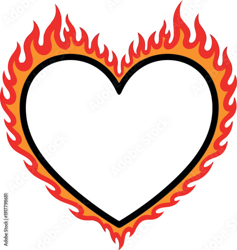 Fiery Heart Outline with Flames Vector Illustration for Passionate Love and Romance Concepts