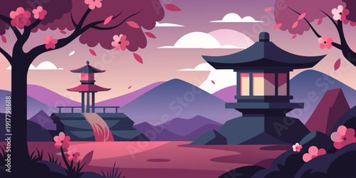 Serene Japanese landscape with pagodas and cherry blossoms