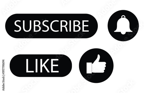 Black subscribe and like buttons with bell and thumbs up icons for social media