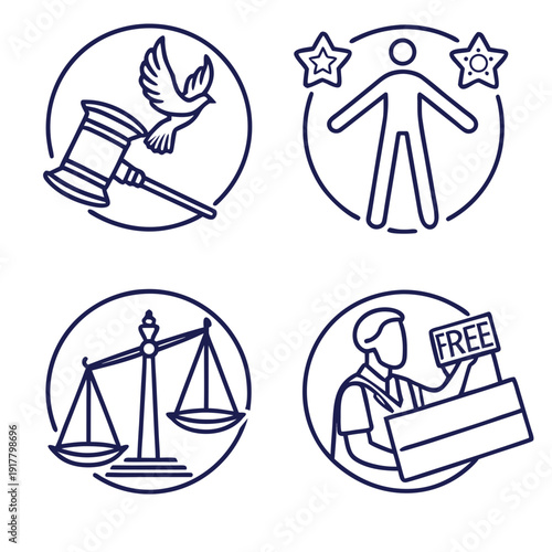 Justice and law icons set with gavel, person, scales, and free speech