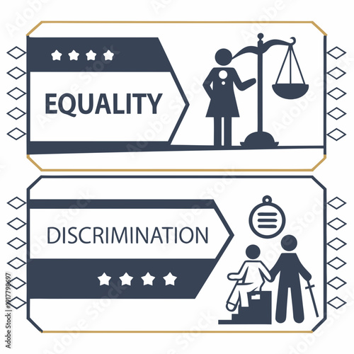 Equality vs Discrimination concept with justice and fairness icons