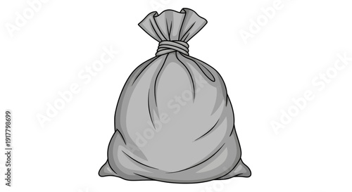 A grey sack tied at the top hanging against a plain background