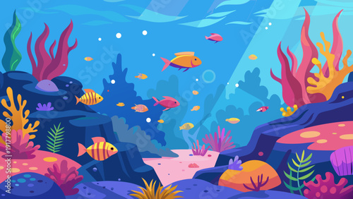 Vibrant coral reef with colorful fish swimming in clear ocean water
