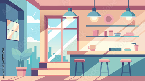 Modern coffee shop interior with stools and city view