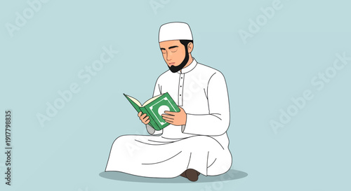 Man in traditional attire reading a book in a serene setting