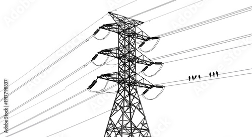 A tall electrical transmission tower standing against a partly cloudy sky with wind lines.